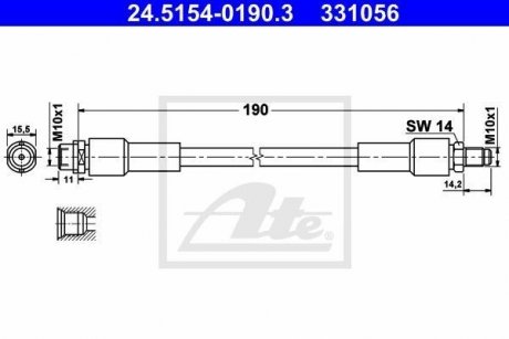 Гнучкий гальмівний шланг задній лівий/правий (довжина 190 мм, M10x1/M10x1) AUDI A8 D3 2.8-4.2D 10.02-07.10 ATE 24.5154-0190.3
