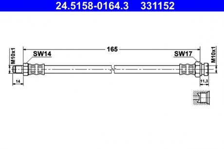 Гибкий тормозной шланг передний левый/правый (длина 165мм, M10x1/M10x1) MITSUBISHI PAJERO SPORT I 2.5D/2.8D/3.0 09.96- ATE 24.5158-0164.3