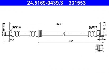 Гнучкий гальмівний шланг задній лівий/правий (довжина 435 мм, M10x1/M10x1) BMW X5 (E70), X5 (F15, F85), X6 (E71, E72), X6 (F16, F86) 2.0D-4.8 10.06-07.19 ATE 24.5169-0439.3 (фото 1)