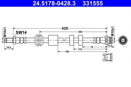 Тормозной шланг передний левая/правая (длина 425мм, M10x1/M10x1) VOLVO XC60 I 2.0-3.2 05.08-12.17 ATE 24.5178-0428.3 (фото 1)