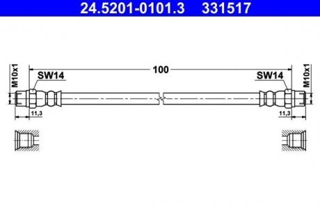 Гибкий тормозной шланг передний правый (длина 100мм, М10х1) BMW 5 (E39), 7 (E38), 8 (E31) 2.0-5.6 01.90-05.04 ATE 24.5201-0101.3