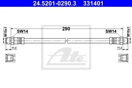 Тормозной шланг передний левый/правый (длина 290мм, M10x1/M10x1) BMW 1502-2002 (E10), 2500-3.3 (E3), 2.5-3.2 (E9), 3 (E21), 3 (E30), 5 (E12), 6 (E24), 7 (E23) 1.6-3.5 09.67-12.91 ATE 24.5201-0290.3
