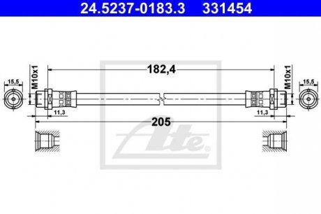 Гнучкий гальмівний шланг задній лівий/правий (довжина 182,4 мм, M10x1/F10x1) AUDI A4 B5, A8 D3; SKODA SUPERB I; Volkswagen PASSAT B5, PASSAT B5.5 1.6-6.0 11.94-07.10 ATE 24.5237-0183.3