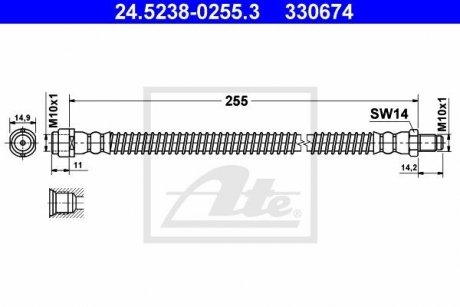 Гнучкий гальмівний шланг задній лівий/правий (довжина 255 мм, M10x1/M10x1) MERCEDES CLS (C219), E T-MODEL (S211), E (VF211), E (W211), S (W220), SL (R230) 1.8-6.2 10.98-01.12 ATE 24.5238-0255.3