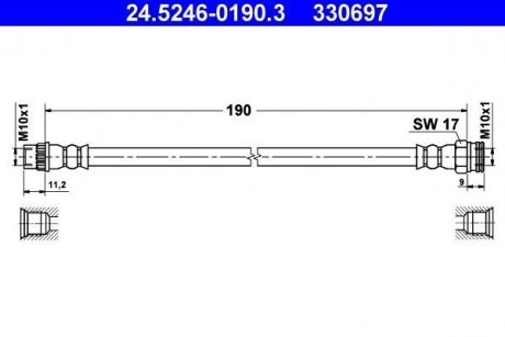 Гнучкий гальмівний шланг задній лівий/правий (довжина 190 мм, M10x1/M10x1) DS DS 4; CITROEN C2, C2 ENTERPRISE, C3 I, C3 PLURIEL, C4, C4 I, C4 II, DS4; PEUGEOT 1007, 3008, 307, 308 1.1-2.0D 08.00- ATE 24.5246-0190.3 (фото 1)