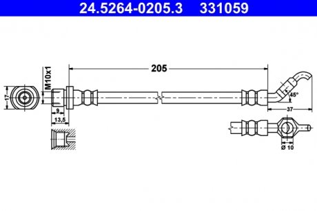 Гнучкий гальмівний шланг задній лівий/правий (довжина 205 мм, діаметр 10 мм, M10x1, банджо) TOYOTA PRIUS 1.5H 09.03-12.09 ATE 24.5264-0205.3