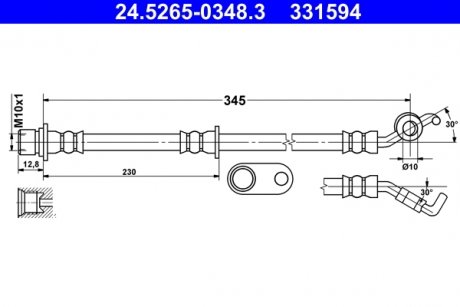 Задний тормозной шланг левый (длина 345 мм, диаметр 10 мм, M10x1/M10x1) TOYOTA AURIS, AVENSIS 1.2-2.2D 11.08-12.18 ATE 24.5265-0348.3