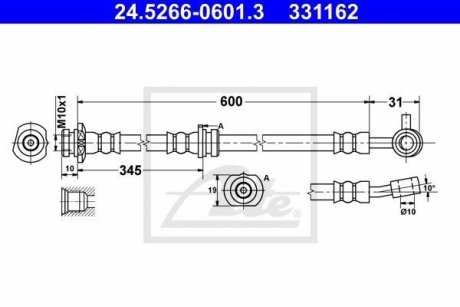 Тормозной шланг передний правый (длина 600мм, диаметр 10мм, M10x1, банджо) NISSAN QASHQAI I, QASHQAI II 1.5D-2.0D 02.07- ATE 24.5266-0601.3 (фото 1)
