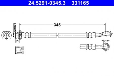 Тормозной шланг передний правый (длина 345мм, диаметр 10мм, M10x1/M10x1, банджо) SUZUKI JIMNY 1.3/1.5D 09.98- ATE 24.5291-0345.3 (фото 1)