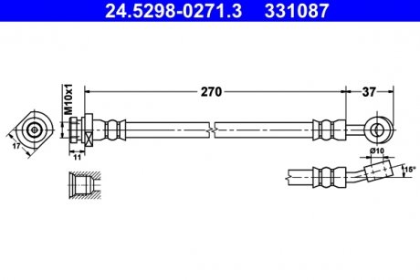 Гибкий тормозной шланг задний левая/правая (длина 270мм, диаметр 10мм, M10x1, банджо) KIA CEE'D, PRO CEE'D 1.4-2.0LPG 12.06-02.13 ATE 24.5298-0271.3 (фото 1)