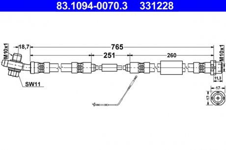 Гнучкий гальмівний шланг задній лівий/правий (довжина 765 мм, M10x1/M10x1,5) LAND ROVER RANGE ROVER III 3.0D-4.4 03.02-08.12 ATE 83.1094-0070.3