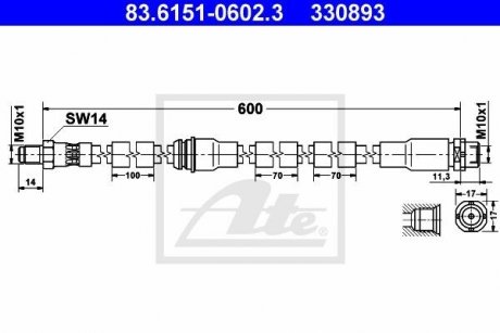 Гнучкий гальмівний шланг передній лівий/правий (довжина 600 мм, M10x1/M10x1) BMW X5 (E70), X6 (E71, E72) 3.0-4.8 10.06-07.14 ATE 83.6151-0602.3
