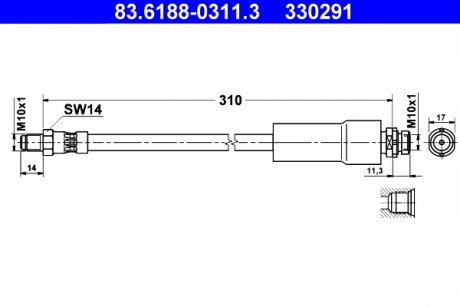 Гальмівний шланг передній лівий/правий (довжина 310 мм, M10x1/M10x1) FORD SCORPIO II 2.0-2.9 10.94-08.98 ATE 83618803113 (фото 1)