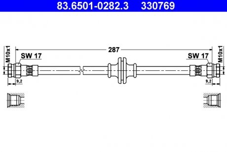 Гнучкий гальмівний шланг задній лівий/правий (довжина 287 мм, M10x1/M10x1) FIAT STILO 1.2-2.4 10.01-08.08 ATE 83.6501-0282.3 (фото 1)