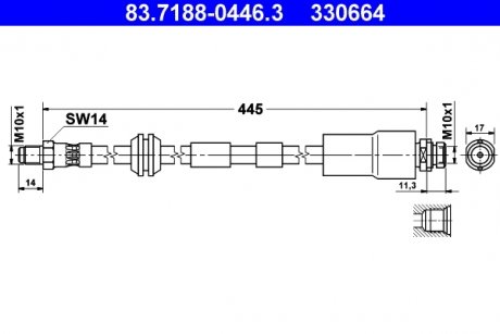 Тормозной шланг передний левая/правая (длина 470мм, M10x1/M10x1) FORD MONDEO III; JAGUAR X-TYPE I 1.8-3.0 10.00-12.09 ATE 83.7188-0446.3