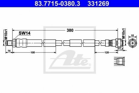 Гнучкий гальмівний шланг передній лівий/правий (довжина 380 мм, M10x1/M10x1) MERCEDES SL (R230) 3.0-6.2 10.01-01.12 ATE 83.7715-0380.3