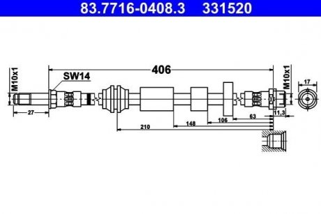 Тормозной шланг передний левый/правый (длина 406мм, M10x1/M10x1) VOLVO V40 1.5-2.5 03.12- ATE 83.7716-0408.3
