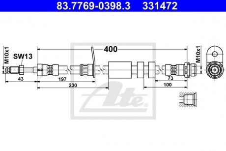 Тормозной шланг передний левая/правая (длина 400мм, M10x1/M10x1) FORD C-MAX II, FOCUS III, GRAND C-MAX 1.0-Electric 04.10- ATE 83.7769-0398.3