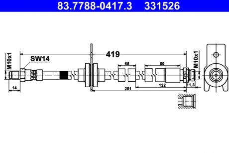 Гибкий тормозной шланг задний левая/правая (длина 419мм, M10x1/M10x1) FORD FOCUS III 1.0-Electric 07.10- ATE 83.7788-0417.3