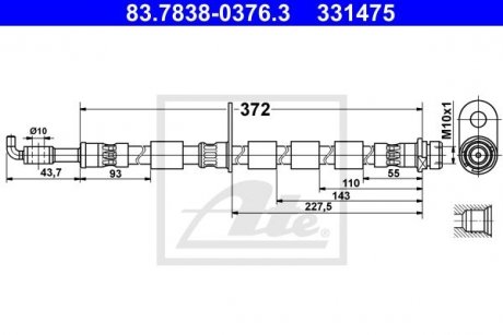 Гальмівний шланг, пров прав (довжина 372мм, діаметр 10мм, M10x1) FORD B-MAX, FIESTA VI 1.0-1.6D 09.12- ATE 83.7838-0376.3 (фото 1)