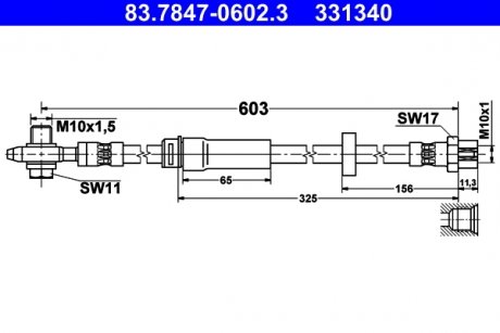 Гибкий тормозной шланг передний левый/правый (длина 603мм, M10x1) Volkswagen CC B7, PASSAT ALLTRACK B7, PASSAT B6, PASSAT B7 1.4-3.6 03.05- ATE 83.7847-0602.3