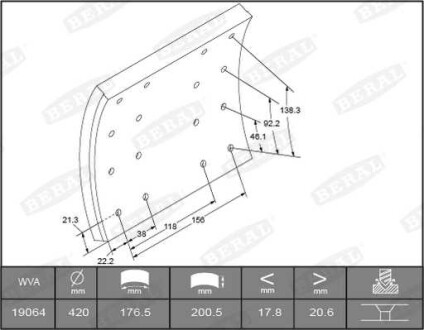 Фото автозапчасти тормозные накладки DAF 65, 65 CF, 75, 75 CF, 85, 85 CF, 95, 95 XF, F 2300, F 2700, F 2900 07.78-09.02 BERAL KBL19063.1-1616