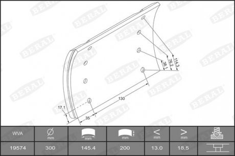 Фото автозапчасти накладка тормозной колодки (300x200. 2-размер) BPW NH, NO.01.82- BERAL KBL19574.2-1517