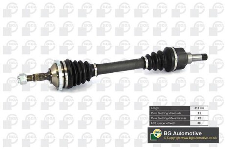 Фото автозапчастини піввісь Peugeot 206 1.1-1.6 98-09 (21/22) 612mm (+ABS 48z) Л. BGA DS6714LA