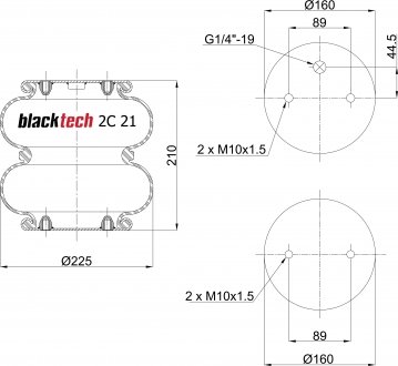 Пневморессора с плитой и металлическим кольцом (2 бублика) BLACKTECH 2C 21-210 P01 (фото 1)