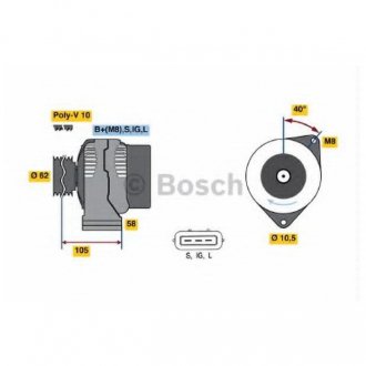 Фото автозапчастини генератор (28В, 90А) IVECO EUROTECH MH, EUROTRAKKER, STRALIS, TRAKKER 7.8D/8.0D 09.98- BOSCH 0 123 525 500 (фото 1)