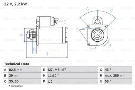 Фото автозапчасти стартер (12В, 2,2 кВт) CITROEN C25, CX I, CX II; PEUGEOT J5 2.5D 09.81-07.94 BOSCH 0 986 010 600