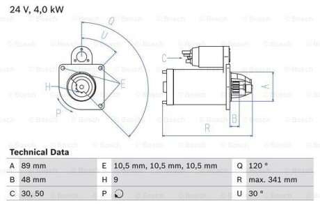 Стартер (24В, 4кВт) MERCEDES LK/LN2, MK, NG, O 301, O 309, O 402, OH, UNIMOG, T2/L, T2/LN1 OM314.946-OM386.951 01.70- BOSCH 0 986 013 490