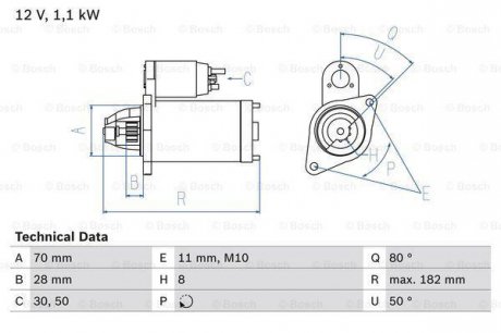 Фото автозапчастини стартер (12В, 1,1кВт) OPEL AGILA; SUZUKI SPLASH 1.0-1.2LPG 01.08- BOSCH 0 986 025 760