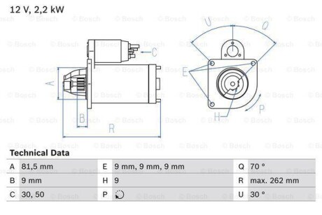 Фото автозапчасти стартер (12В, 1,2 кВт) ALFA ROMEO 156, 166; FIAT BRAVA, BRAVO I, MAREA; LANCIA KAPPA, KAPPA SW 1.9D/2.4D 03.96-05.06 BOSCH 0 986 029 050