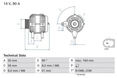 Фото автозапчасти генератор (14В, 90А) ИБИЗА IV, IBIZA IV SC, IBIZA IV ST; SKODA FABIA III; Volkswagen POLO, POLO V 1.0 01.14- BOSCH 0 986 084 750