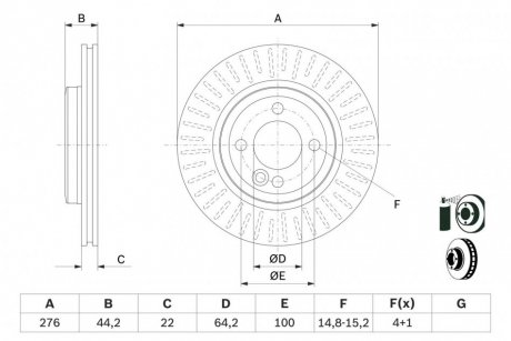 Гальмівний диск, Передній ліва/права (276mmx22mm) MINI (R50, R53), (R52) Cooper/Cooper S/One/One D 06.01-11.07 BOSCH 0 986 478 606 (фото 1)