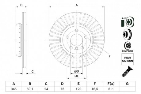 Двочастинний гальмівний диск задній ліва/права (високовуглецевий; з гвинтами) BMW 5 (F10), 5 (F11), 5 GRAN TURISMO (F07), 6 (F12), 6 (F13), 6 GRAN COUPE (F06), 7 (F01, F02, F03, F04) 2.0D-4.4 02.08-10.18 BOSCH 0 986 479 E08