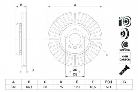 Двухчастный тормозной диск передняя левая/правая (высокоуглеродистая; с винтами) BMW 5 (F10), 5 (F11), 6 (F12), 6 (F13), 6 GRAN COUPE (F06) 2.0-3.0H 11.09-10.18 BOSCH 0 986 479 E16