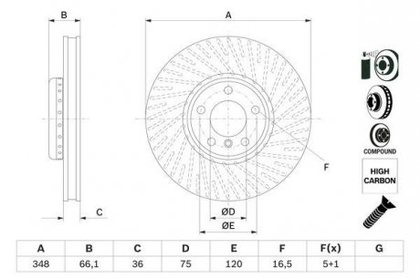 Двочастинний гальмівний диск (високовуглецевий; з гвинтами) BMW 5 (F10), 5 (F11), 5 GRAN TURISMO (F07), 6 (F12), 6 (F13), 6 GRAN COUPE (F06), 7 (F01, F02, F03, F04) 2.0-4.4 02.08-10.18 BOSCH 0 986 479 E18