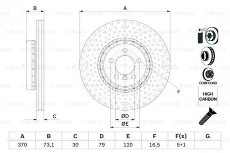 Двочастинний гальмівний диск передня ліва/права (високовуглецевий; з гвинтами) BMW 3 (F30, F80), 3 (F31), 3 GRAN TURISMO (F34), 4 (F32, F82), 4 (F33, F83), 4 GRAN COUPE (F36) 2.0-3.0H 11.11- BOSCH 0 986 479 E21