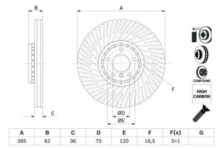 Двухчастный тормозной диск передняя левая (высокоуглеродистая; с винтами) BMW X5 (E70), X5 (F15, F85), X6 (E71, E72), X6 (F16, F86) 3.0D/4.4/4.4H 10.07-07. BOSCH 0 986 479 E26
