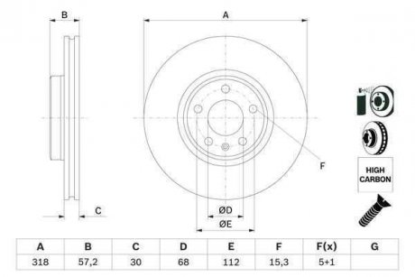 Диск гальмівний передній ліва/права (високовуглецевий; з гвинтами) AUDI A4 ALLROAD B9, A4 B9, A5, A6 ALLROAD C8, A6 C8, A7, Q5, Q7 1.4-3.0H 05.15- BOSCH 0 986 479 E49