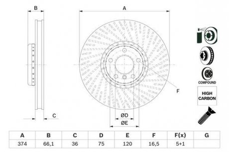 Гальмівний диск передня права BMW 5 GRAN TURISMO (F07), 7 (F01, F02, F03, F04) 3.0D-6.0 10.08-02.17 BOSCH 0 986 479 E63 (фото 1)