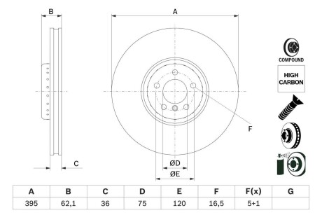 Фото автозапчастини гальмівний диск передній права BMW X5 (E70), X5 (F15, F85), X6 (E71, E72), X6 (F16, F86) 2.0D-4.4 10.06-07.19 BOSCH 0 986 479 E84 (фото 1)