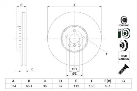 Двочастинний гальмівний диск передній ліва (високовуглецевий) BMW 3 (G20, G80), 4 (G22, G82), 5 (G30, F90), 5 (G31), 6 GRAN TURISMO (G32), 7 (G11, G12), 8 (G14, F91), 8 (G15, F92) 2.0-4.4 07.15- BOSCH 0 986 479 F60