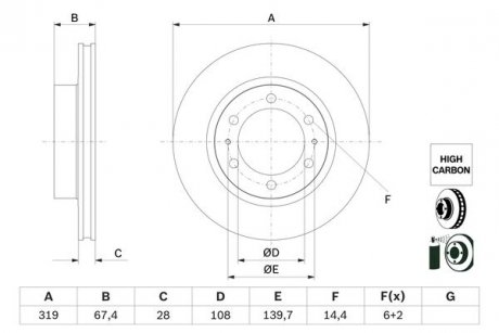 Тормозной диск передний левый/правый TOYOTA HILUX VIII 2.4D/2.7/2.8D 05.15- BOSCH 0 986 479 G19 (фото 1)