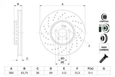 Двухчастный тормозной диск передний левая/правая MERCEDES C (A205), C (C205), C T-MODEL (S205), C (W205), CLS (C257), E (A238), E ALL-TERRAIN (S213), E (C238), E T-MODEL (S213) 2.0-Electric 04.15- BOSCH 0 986 479 G38 (фото 1)