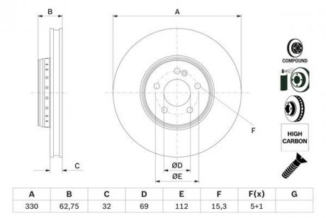 Двухчастный тормозной диск передний левая/правая MERCEDES C (A205), C (C205), C T-MODEL (S205), C (W205), E (A238), E ALL-TERRAIN (S213), E (C238), E T-MODEL (S213), E (W213) 1.5-2.2DH 02.14- BOSCH 0 986 479 G43 (фото 1)