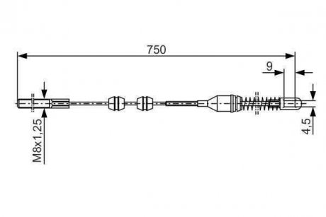 Трос стояночных тормозов задний левый (750мм) OPEL ASCONA C, VECTRA A 1.3-2.0 09.81-11.95 BOSCH 1987477140 (фото 1)