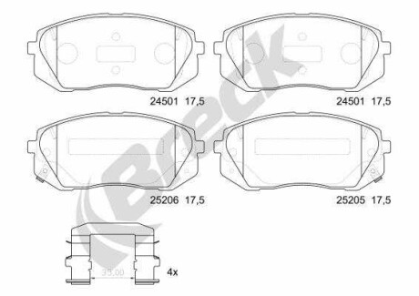 Фото автозапчасти комплект тормозных колодок передний HYUNDAI IX35, TUCSON; KIA CADENZA I, SOUL II, SPORTAGE IV 1.6-Electric 08.09- BRECK 25205 00 701 00